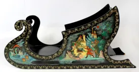 One-of-a-Kind "Emilya and the Magic Pike" Sleigh Palekh Lacquered Miniature Handpainted Decor by G. DeBrekht Unique Handmade Gift Collectible and Home Decoration